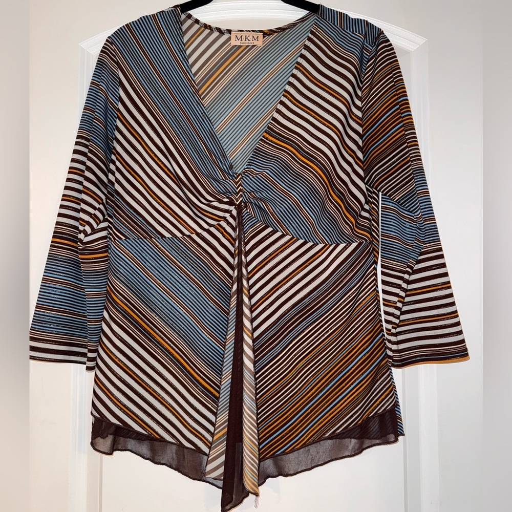 MKM Designs vintage 90s Y2K Women's Striped V-Neck stretchy Blouse top